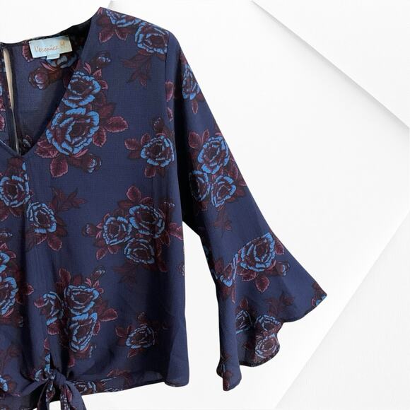 "Veronica M"-Blouse Top Wo men's Size XS Blue Wine Bell Sleeves V-Neck Tie Front - Picture 6 of 13